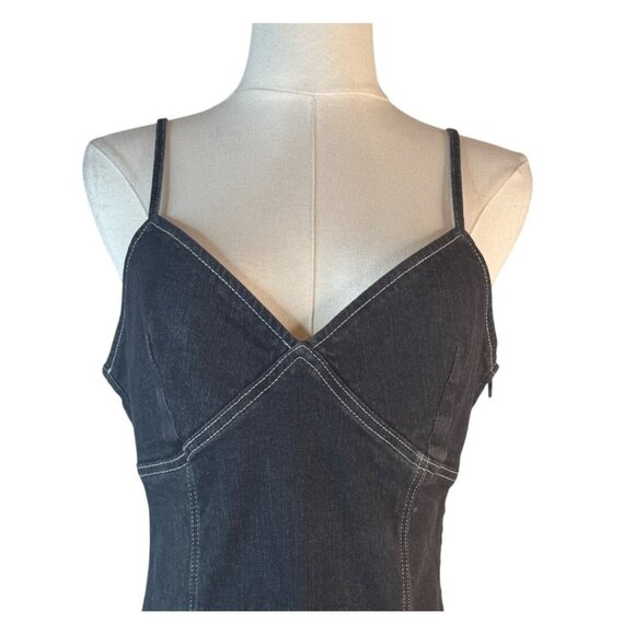 Topshop Size 8 Black Denim Spaghetti Strap Midi Front Slit Jean Dress - Picture 5 of 15